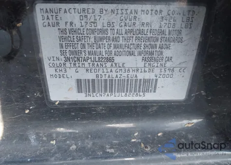 2018 Nissan Versa 1.6 S+ z USA, uszkodzony, nr VIN 3N1CN7AP1JL822865